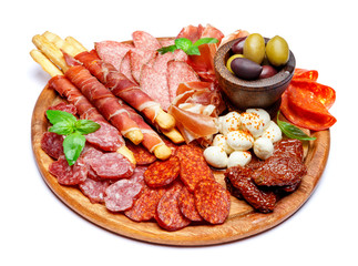 Meat and cheese plate with salami sausage, chorizo, parma and mozzarella