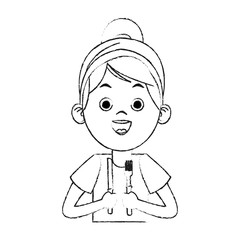 Beautiful little girl holding cutlery cartoon on black and white sketch colors vector illustration