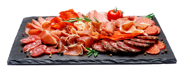 Various types of Dried organic salami sausage and parma on white background
