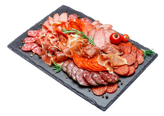 Various types of Dried organic salami sausage and parma on white background