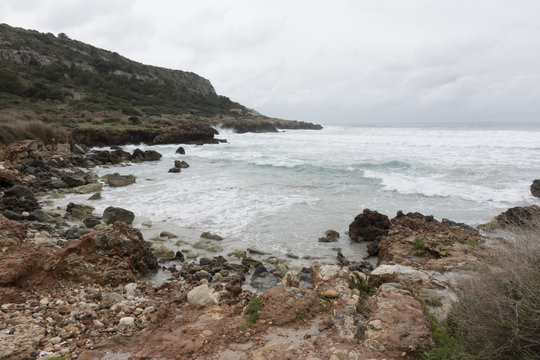 Rocky coast in Son Bou, Menorca, Balearic Islands, Spain