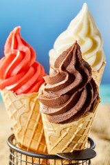 Close up view of ice cream in crispy wafer cones