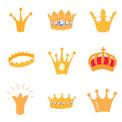 Set of gold crown icons. Vector isolated elements for logo, label, game, hotel, an app design. Royal king, queen, princess crown.
