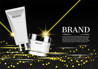 White cosmetic set with golden beams,shining light balls and horizontal speed lines on dark background