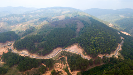 Above beautiful mountain road with pine forest around, Dalat area,Vietnam