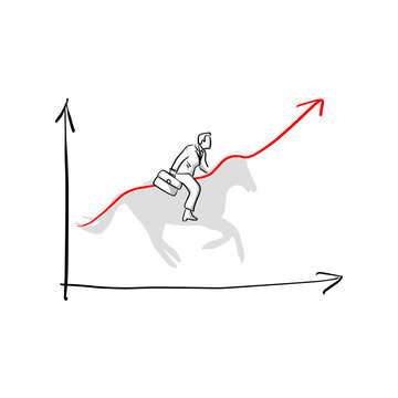 businessman riding on shadow of horse to make the graph up vector illustration sketch hand drawn with black lines isolated on white background