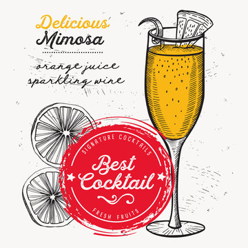 Cocktail mimosa for bar menu. Vector drink flyer for restaurant and cafe. Design poster with vintage hand-drawn illustrations.