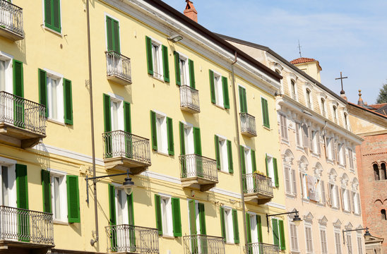 Beautiful streets and romantic houses in Ivrea cityscape. Italy, Europe.