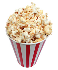 Isolated popcorn in striped bucket on white background