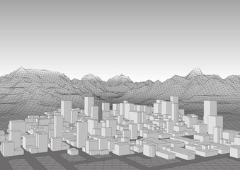 Retro style futuristic landscape with city and mountains range gray tones