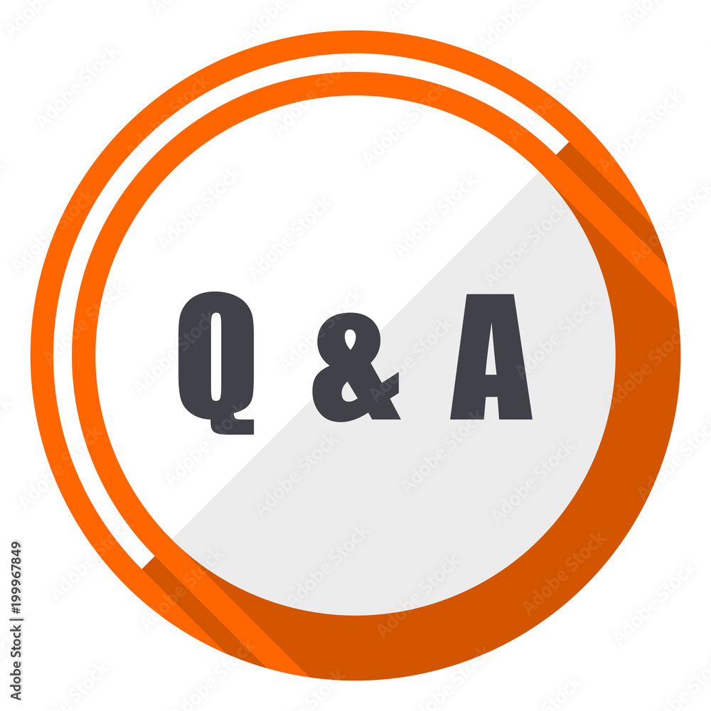 Poster Question answer flat design vector web icon. Round orange internet button isolated on white background.