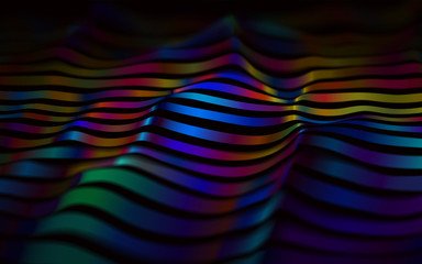 Abstract vector background with iridescent waving 3d stripes on dark. Colors in motion with depth of field.