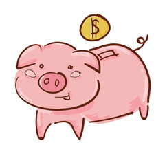 cute pink piggy bank with golden coin
