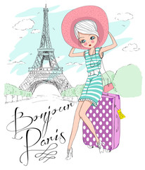 Fototapeta na wymiar bonjour paris,girl with suitcase