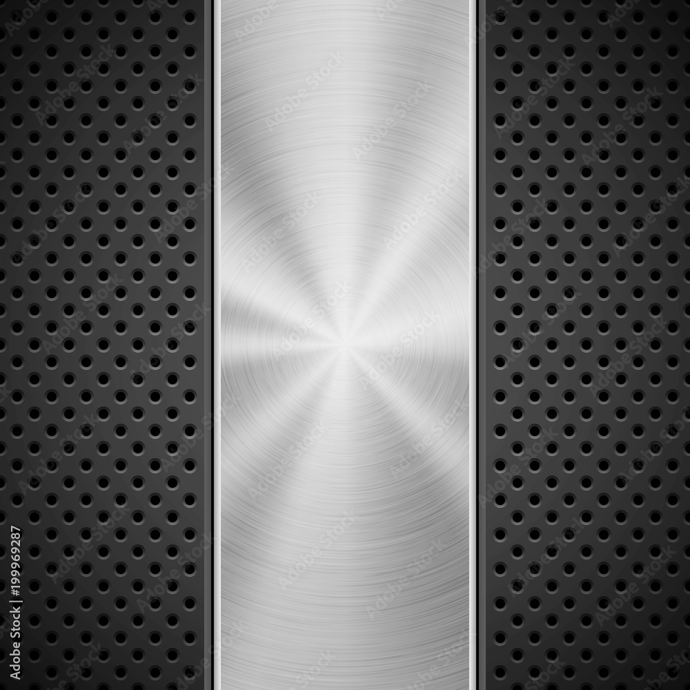 Poster black technology background with grate perforated pattern and circular polished, brushed concentric 