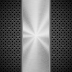 Black technology background with grate perforated pattern and circular polished, brushed concentric metal texture, chrome, steel, silver. Vector illustration.