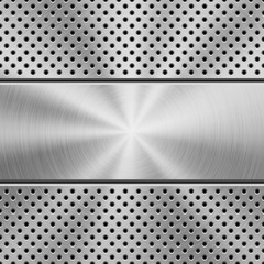 Metal texture technology background with grate perforated pattern, circular polished, brushed concentric texture, chrome, steel, silver. Vector illustration.