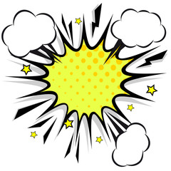 Retro comic design speech bubbles. Flash explosion with clouds, lightning, stars. Pop art vector elements.