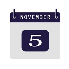 Calendar flat icon 5th of November. Vector illustration.