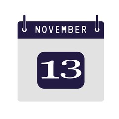 Calendar flat icon 13th of November. Vector illustration.