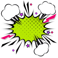 Retro comic design speech bubbles. Flash explosion with clouds, lightning, stars. Pop art vector elements.