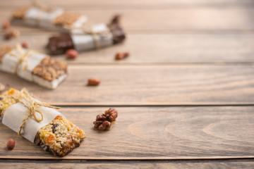 Delicious chocolate granola on a wooden table