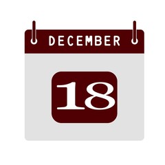 Calendar flat icon 18th of December. Vector illustration.