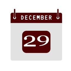 Calendar flat icon 29th of December. Vector illustration.