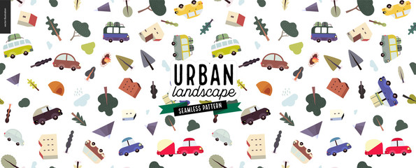 Urban landscape seamless pattern - city and park landscape elements - houses, trees, cars. Travel to tourist camp.