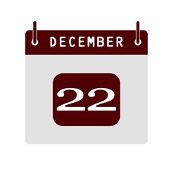 Calendar flat icon 22nd of December. Vector illustration.