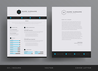 Professional CV resume template design and  letterhead / cover letter - blue color accents - stylish vector minimalist
