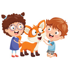 Vector Illustration Of Cartoon Kids With Fox