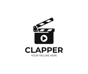 Naklejka premium Clapboard and play sign logo template. Clapper board vector design. Open clapperboard logotype