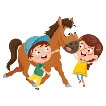 Vector Illustration Of Cartoon Kids With Horse