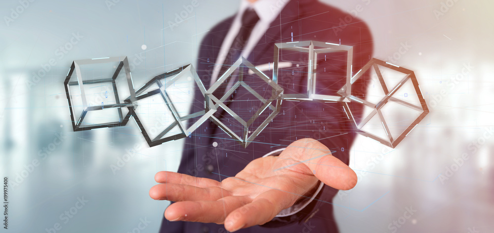 Poster businessman holding a 3d rendering blockchain cube isolated on a background