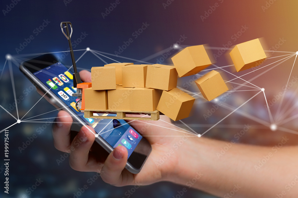 Poster pallet truck and carboxes with network connection system - 3d render