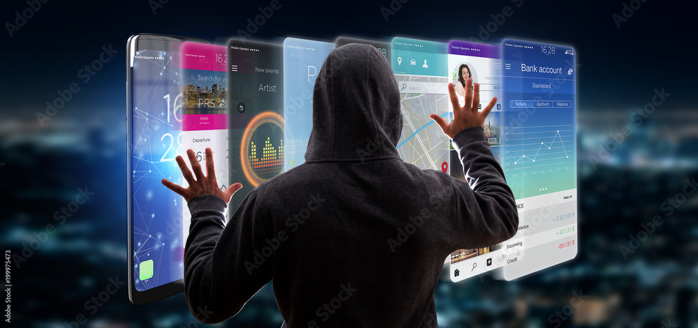 Aufkleber hacker activating 3d rendering app template on a smartphone