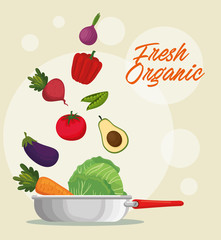kitchen pan with fresh and organic vegetables vector illustration design