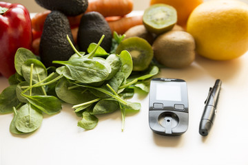 Diabetes monitor, diet and healthy food eating nutritional concept with clean fruits and vegetables...