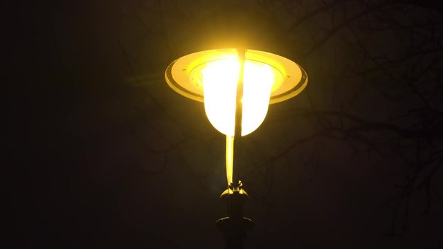 Closeup on a streetlamp at night