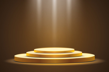 
Golden podium with a spotlight on a dark background, the first place, fame and popularity. Vector illustration
