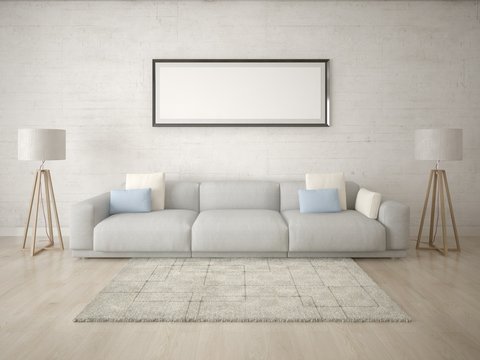 Mock up a stylish light living room with a large comfortable sofa and a light hipster background.