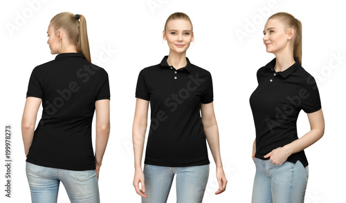 Download "Set promo pose girl in blank black polo shirt mockup ...
