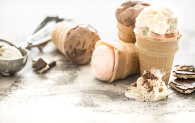 different ice cream in a cone
