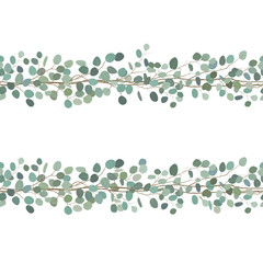 Elegant seamless borders of eucalyptus branches. Floral frame or greeting card. Vector