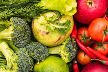 Fresh red and green vegetables top view