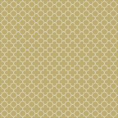Fancy gold and white ornate background texture in vector format. Geometric quatrefoil trellis pattern wallpaper.