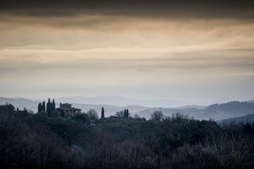 View at dawn across Tuscany from San Gusme
