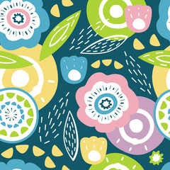 seamless pattern with different plants and leaves naive style. Flowers stylized on dark blue background