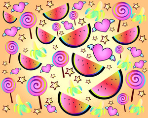 Neon gradient background with watermelon, banana and sugar candy. Colored stars and hearts with wings. A beautiful idea for a children's poster